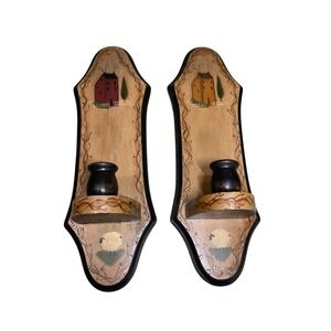 Wooden Wall Sconce Candle Holders Primitive Country Sheep Decor Painted Set Of 2